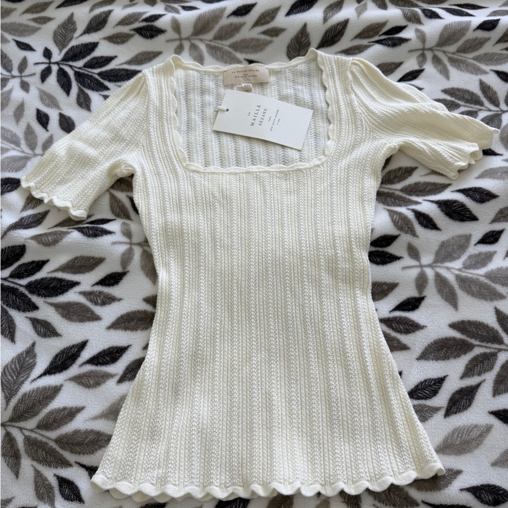 Sezane Cream Ribbed Knit Blouse